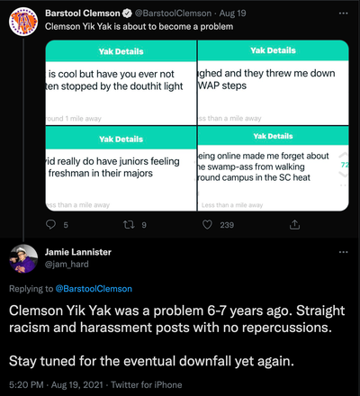 An Alumni Student Counters Bartstool Clemson's Post By Stating That Yik ...